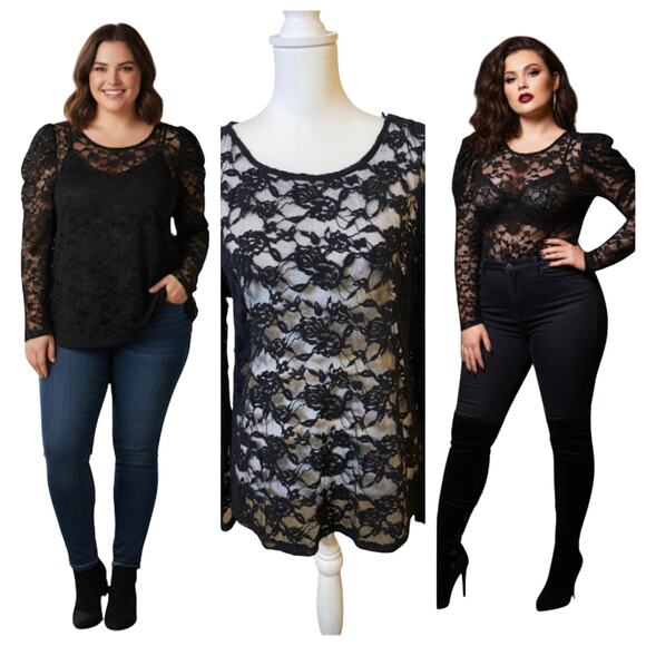 Plus Size Sheer Black Stretch Lace Floral Puff Sleeve Top  Blouse 3X - Picture 1 of 7